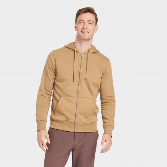 Men's Hooded Zip-Up Sweatshirt - Goodfellow & Co™ Brown L: Midweight Fleece - Picture 1 of 3